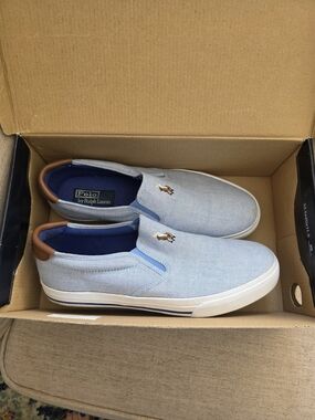 Polo by Ralph Lauren Light Blue Canvas Slip-On Loafers with Brown Heel Accent